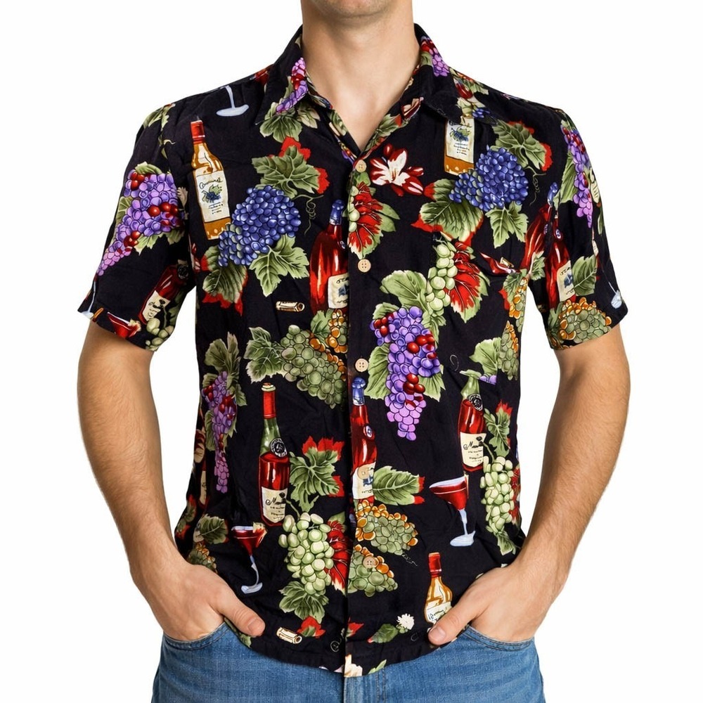 Island Collection Hawaiian Aloha Shirt Small Cocktails Grapes‎ Floral